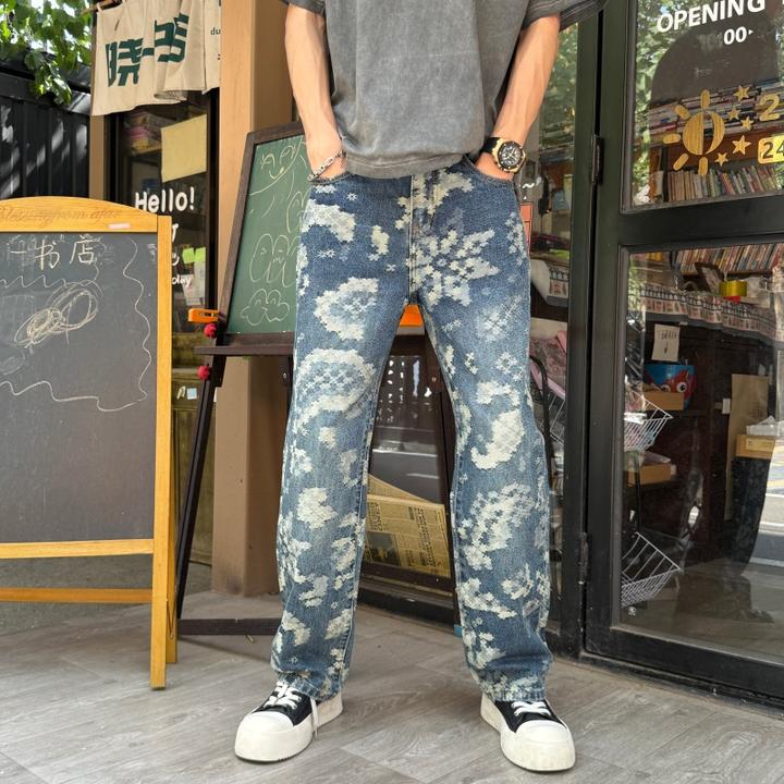 宽松蓝色牛仔裤痞帅欧美潮牌印花弯刀长欧美风男士修身印花牛仔裤