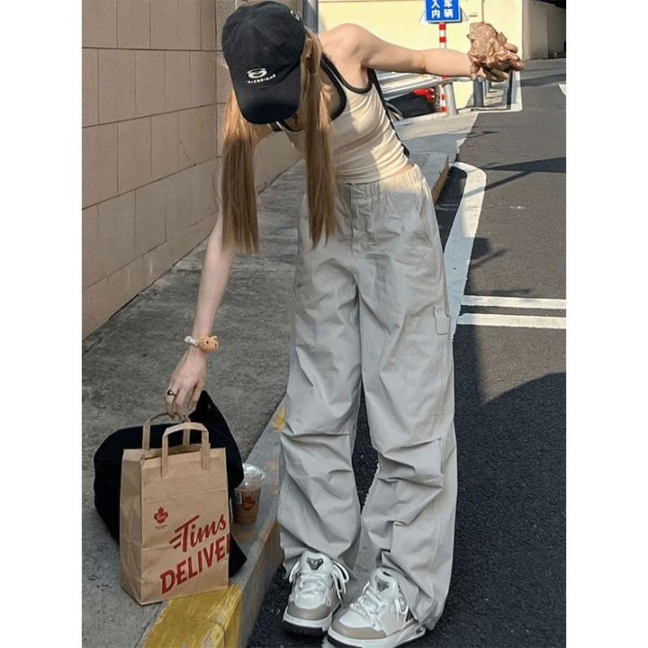 秋季新款高腰阔腿裤女美式复古直筒拼接纯色休闲长裤薄款透气百搭