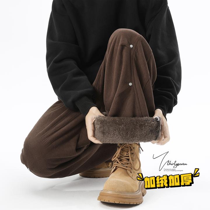 V37美式复古咖色加厚灯芯绒裤子男冬设计感铆钉拼接宽松休闲长裤