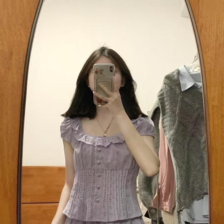 2025夏季新款法式温柔风压褶镂空绣花衬衫上衣百搭半身裙两件套