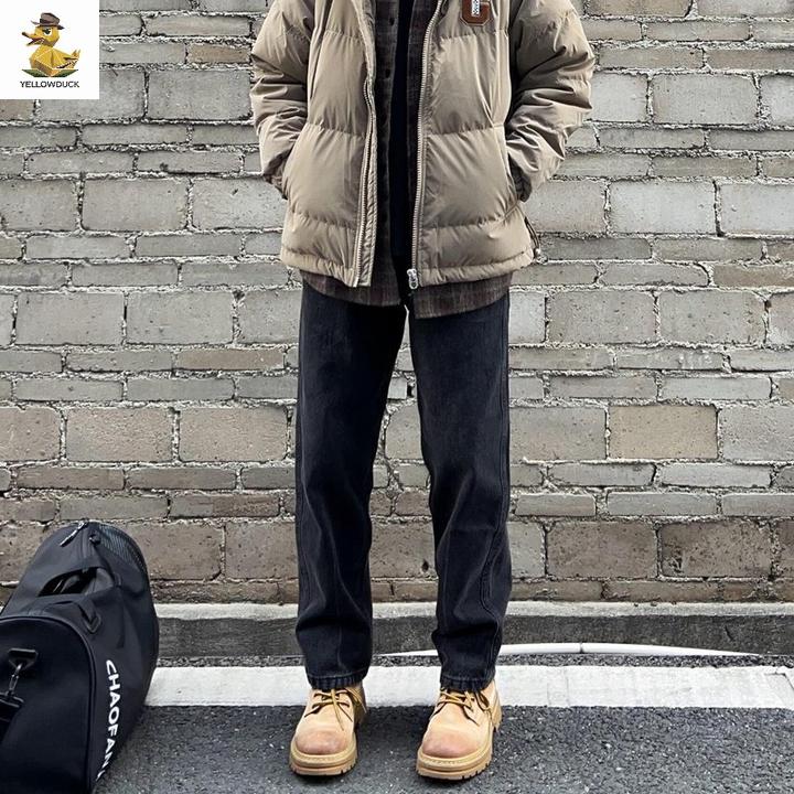 复古做旧黑色直筒牛仔裤男秋冬美式高街简约百搭阔腿长裤