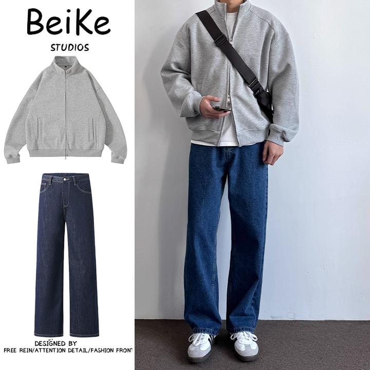 两件装/纯色立领卫衣休闲春秋情侣衣服外套上衣美式男士简约套装