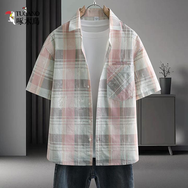 啄木鸟夏季薄款男士短袖衬衫2025新款宽松休闲格子衬衣男半袖上衣