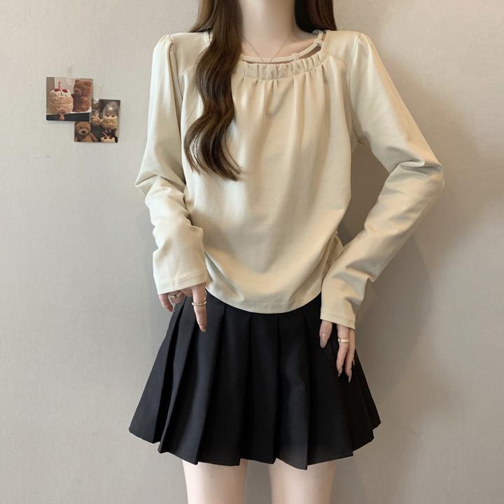 设计感正肩长袖T恤女秋装新款大码胖mm不规则抽绳打底衫内搭上衣