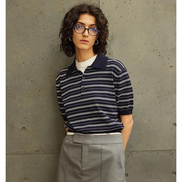 法式撞色条纹POLO衫短袖铜须女夏季五分袖中袖短款正肩针织上衣薄