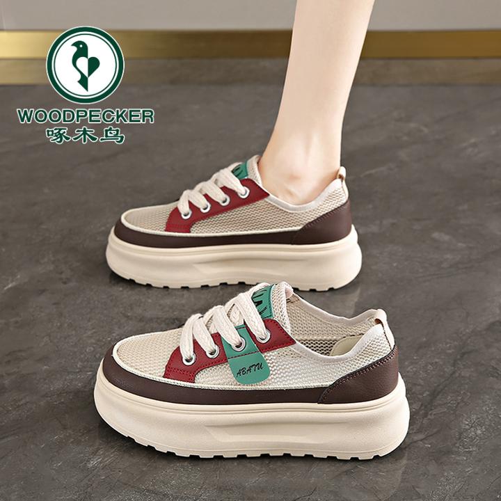 啄木鸟女鞋网鞋透气网面夏季2025新款薄款镂厚底运动休闲板鞋百搭