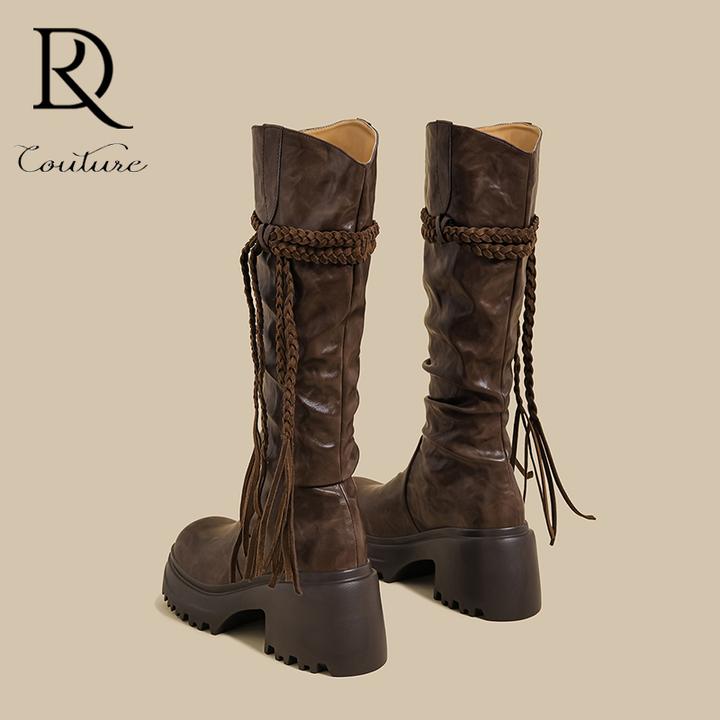 【DR官方正品】2025秋冬季新款厚底V口长筒靴女白色流苏百搭骑士长