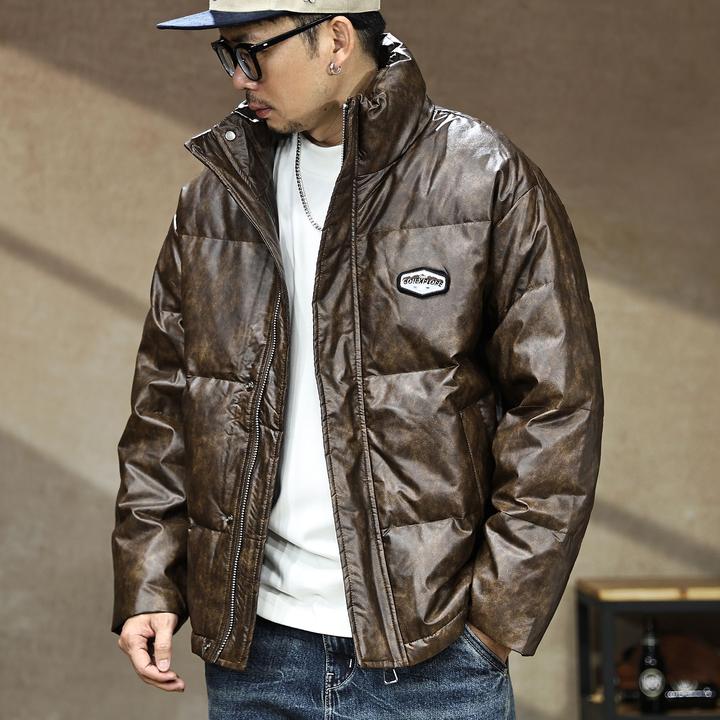 高端新国标90白鸭绒保暖PU皮羽绒服男士冬季户外宽松大码防寒外套