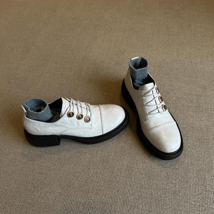 UHCK法式赫本风百搭厚底小皮鞋女复古圆头粗跟纽扣乐福鞋