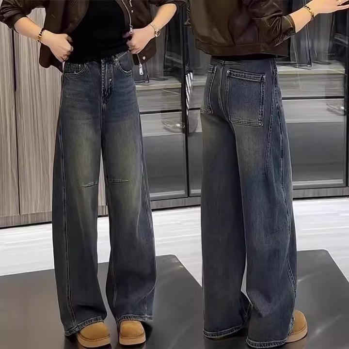 2025新款春季高腰复古宽松显瘦时尚气质百搭直筒弯刀阔腿牛仔裤女