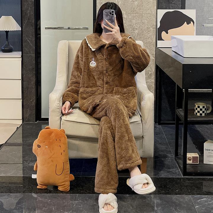 2025新款睡衣女秋冬季珊瑚绒大码加厚保暖长毛绒棕兔子套装家居服