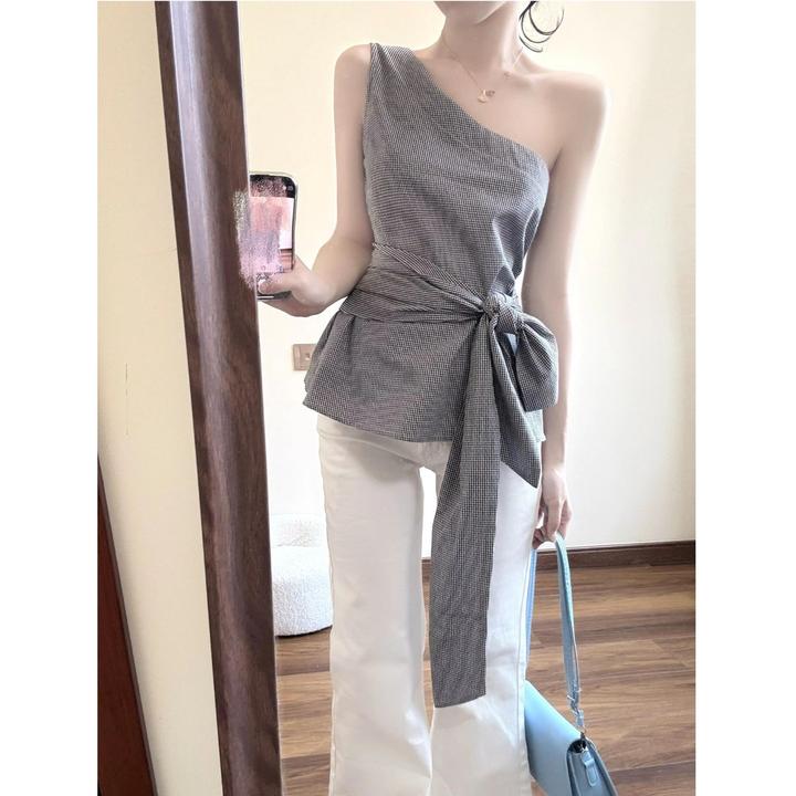 2025年韩系夏季新款高级设计感格纹斜肩系带蝴蝶结百搭女上衣
