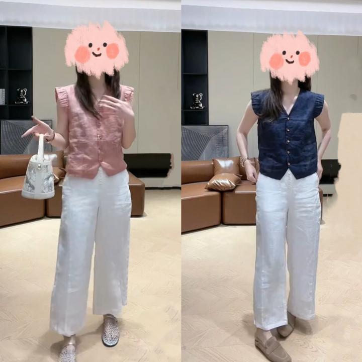 2025夏季简约气质V领坎肩袖提花小衫单排扣上衣高腰阔腿裤两件套