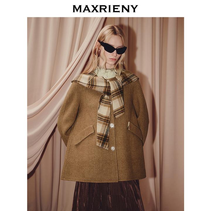 MAXRIENY格纹围巾领羊毛大衣25冬款乡村巴恩风穿搭H型廓形外套女