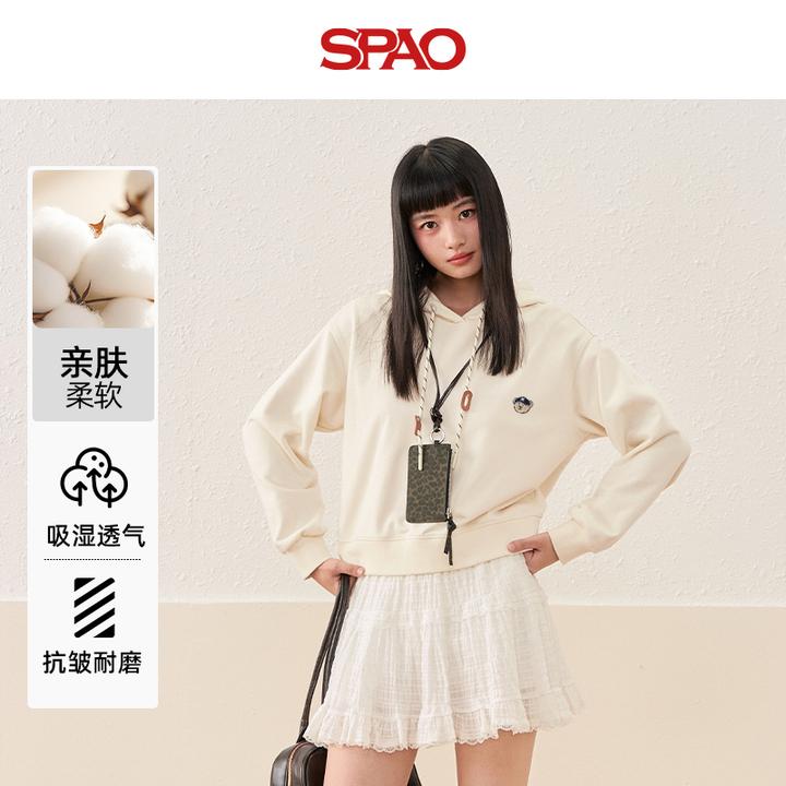 SPAO连帽短卫衣韩国同款小熊刺绣潮流休闲服老钱风女秋冬款外套YC