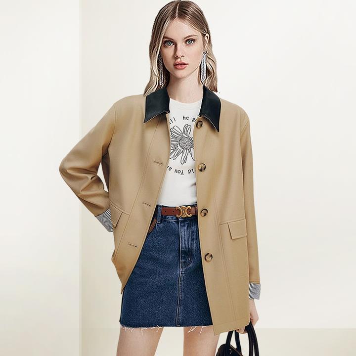 QOOEL撞色格纹拼接中长风衣女2025年秋装新款英伦风宽松显瘦大衣