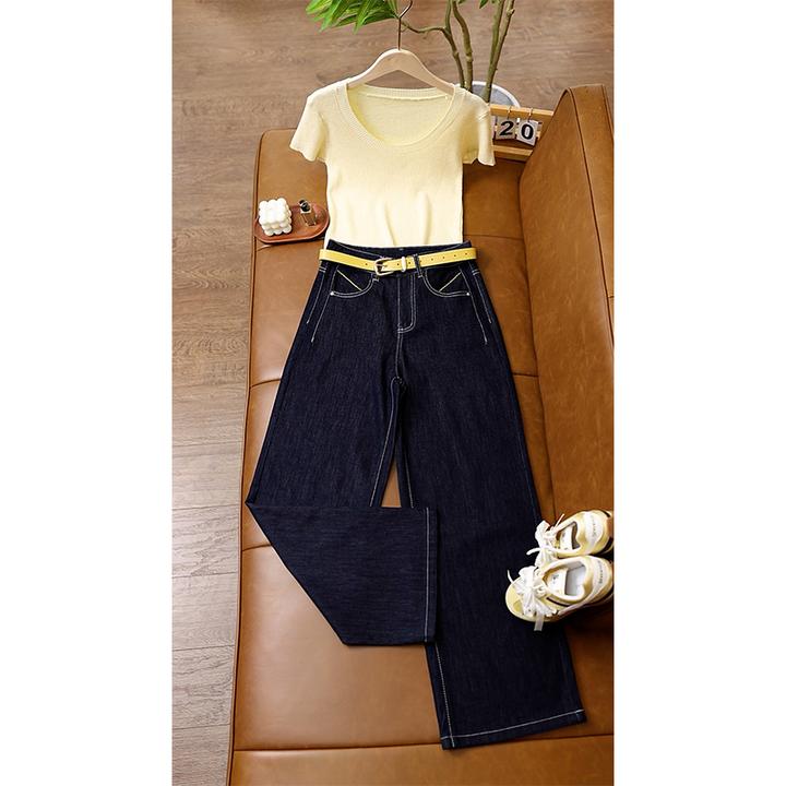 丹宁蓝阔腿牛仔裤女2025年新款宽松松弛感梨形身材显瘦直筒裤T601