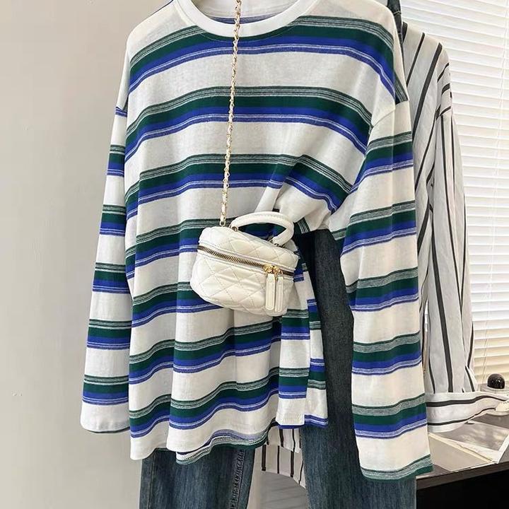 大码300斤胖MM正肩复古风拼色条纹长袖t恤女秋季新款撞色显瘦上衣