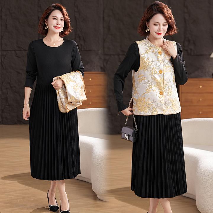 妈妈秋装连衣裙气质套装裙子2025新款中老年女装春秋国风马甲外套