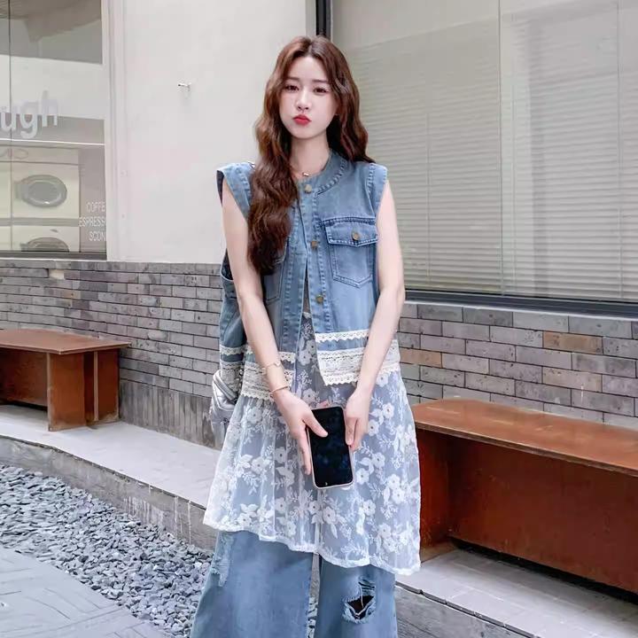 Y1319#港风做旧复古破洞牛仔套装女夏马甲蕾丝裙阔腿裤三件套
