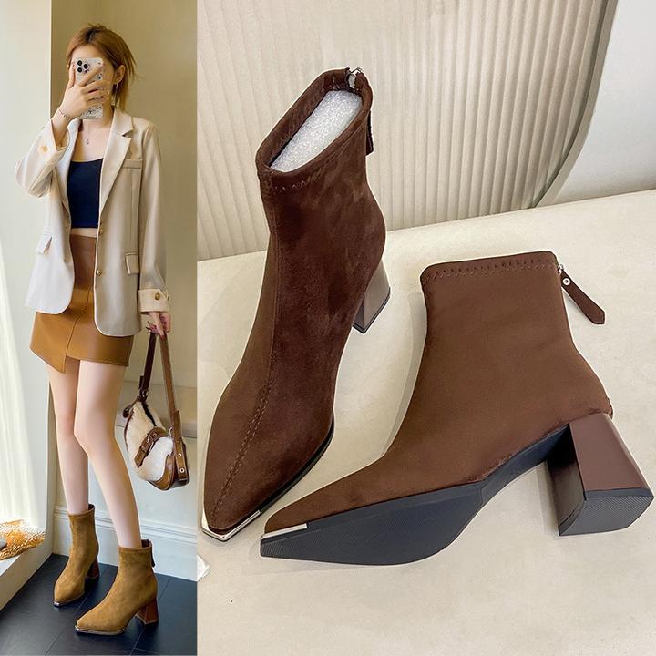 尖头短靴女2025秋冬新款法式气质小踝靴后拉链绒面粗跟高跟瘦瘦靴