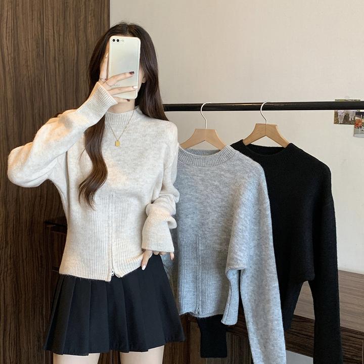 2025秋冬新款简约加厚套头拉链针织衫毛衣女大码显瘦单上衣