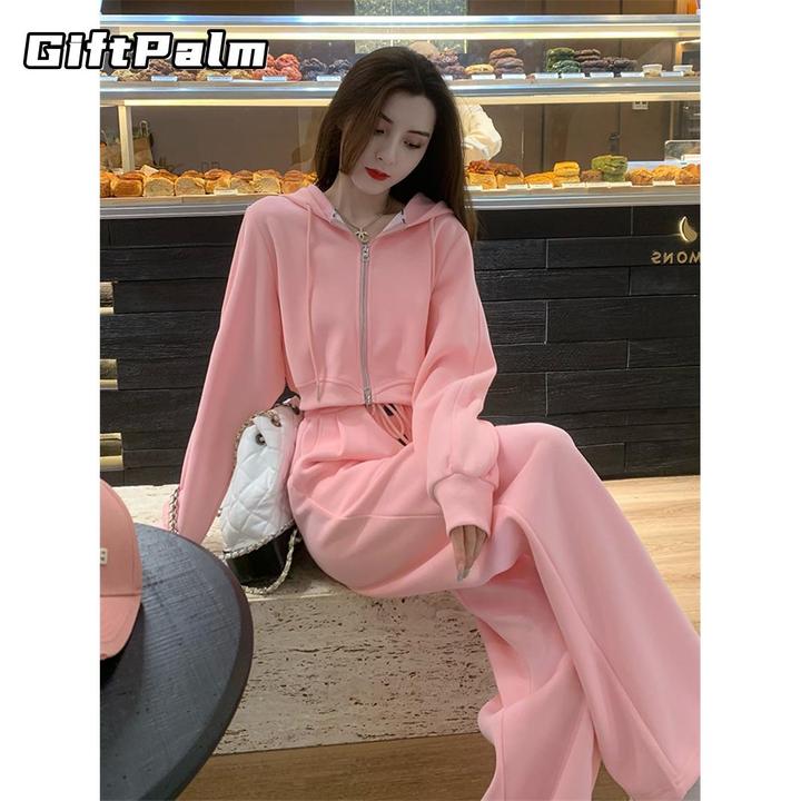 GiftPalm粉色休闲运动套装时尚洋气减龄小个子显高开衫卫衣阔腿裤
