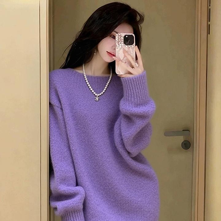 慵懒风紫色套头针织衫女装2026冬季新款时尚通勤减龄宽松软糯毛衣