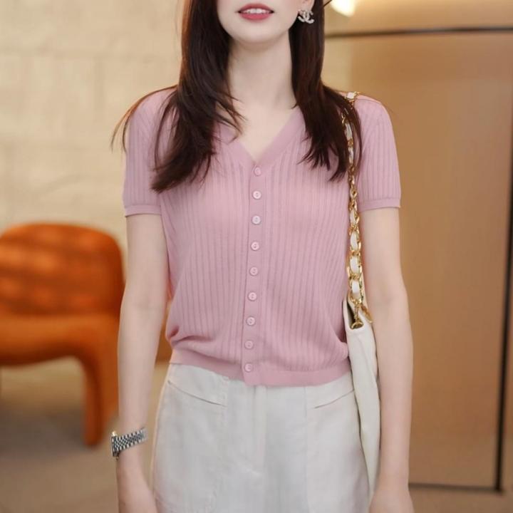 夏季新款短袖T恤休闲百搭简约V领宽松大码薄款针织针织短袖上衣