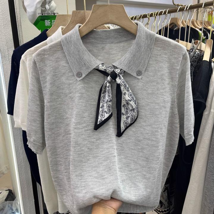 清货「丝巾小衫」高个子冰丝亚麻带丝巾宽松显瘦短袖针织衫