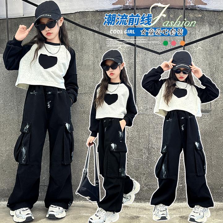 女童秋装印花上衣套装2025秋季新款洋气时髦中大童工装裤两件套潮