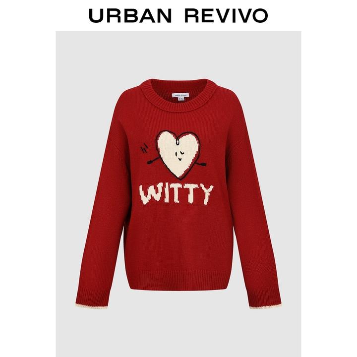 UR2026春季新款女装休闲撞色趣味提花红色圆领针织衫UYY950152