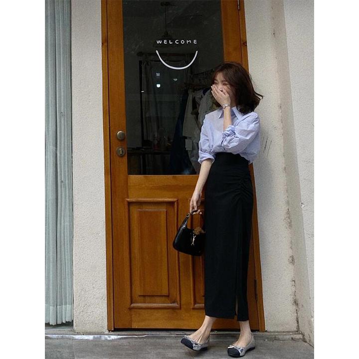 网红时尚炸街洋气蓝色衬衫半身裙两件套女夏季财阀千金搭配一整套