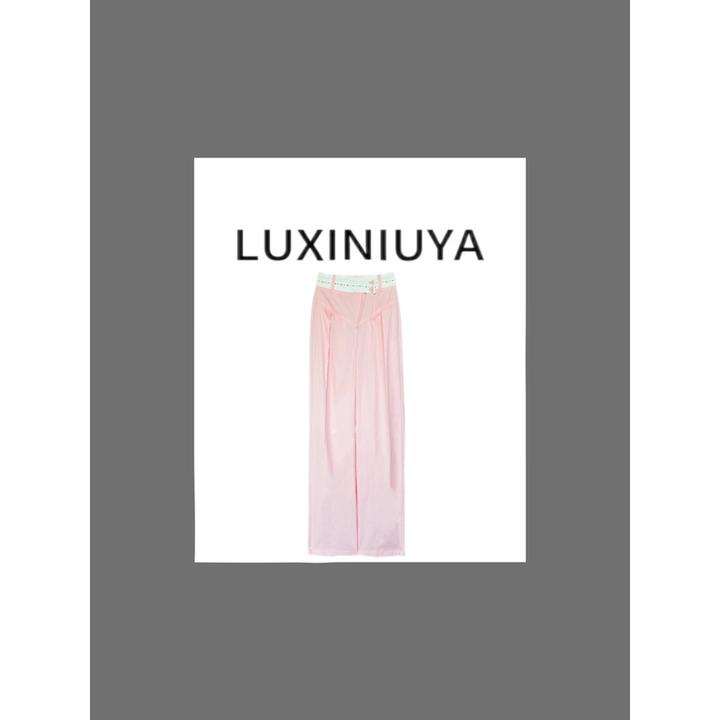【LUXINIUYA】 樱花裤 夏季撞色拼接压褶双扣休闲阔腿裤#CX3761