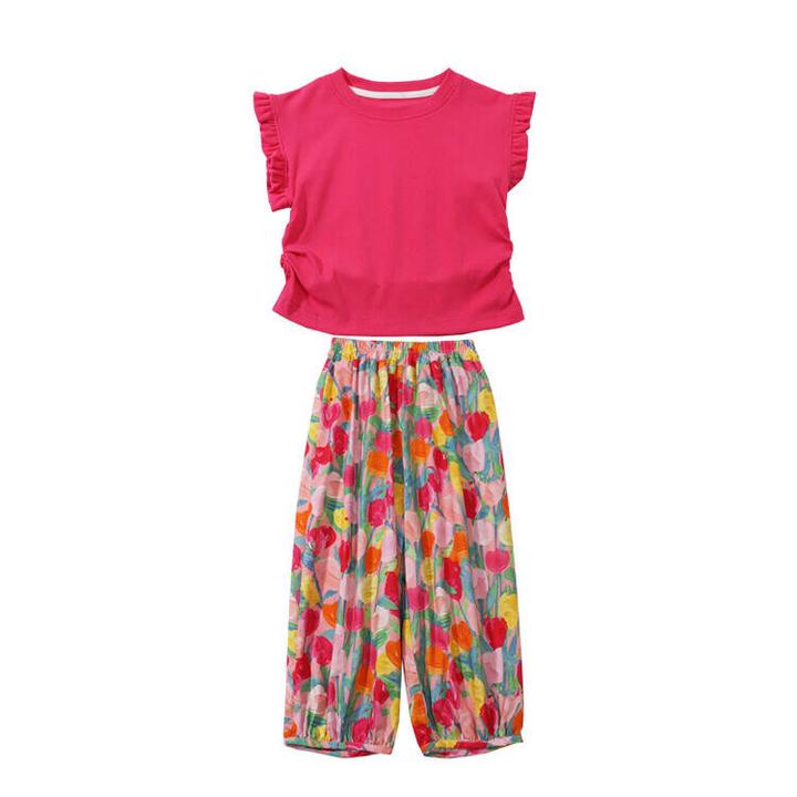 洋气小童大童时尚春装衣服分体春季婴儿纯色小飞袖印花套装玫红色