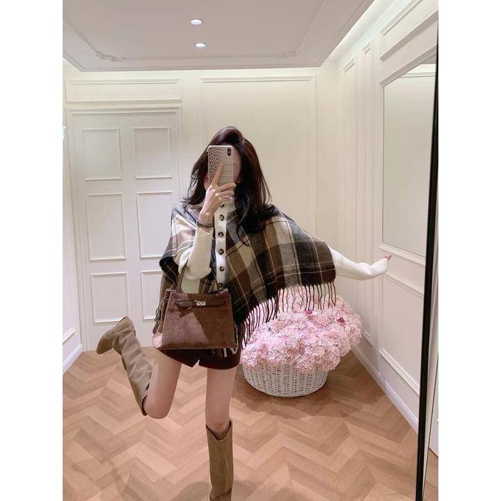 不规则假两件菱格针织开衫斗篷披肩外套女秋冬季高腰休闲短裙套装