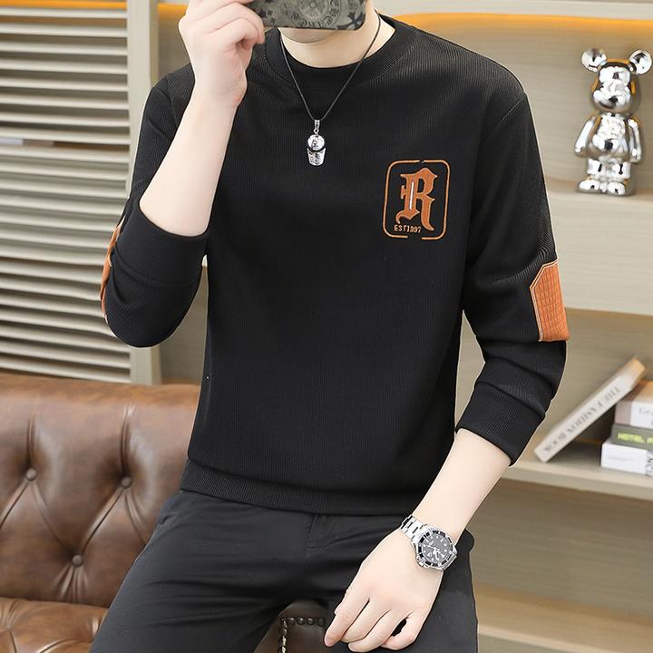 圆领卫衣长袖男士拼接字母卫衣秋冬季加绒加厚打底衫长袖宽松卫衣