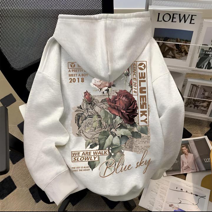 重磅美式复古玫瑰印花连帽卫衣男女同款潮牌高街秋冬加绒宽松外套