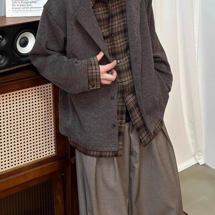 假两件miu系慵懒风针织衫男秋冬季韩系宽松开衫外套休闲打底卫衣