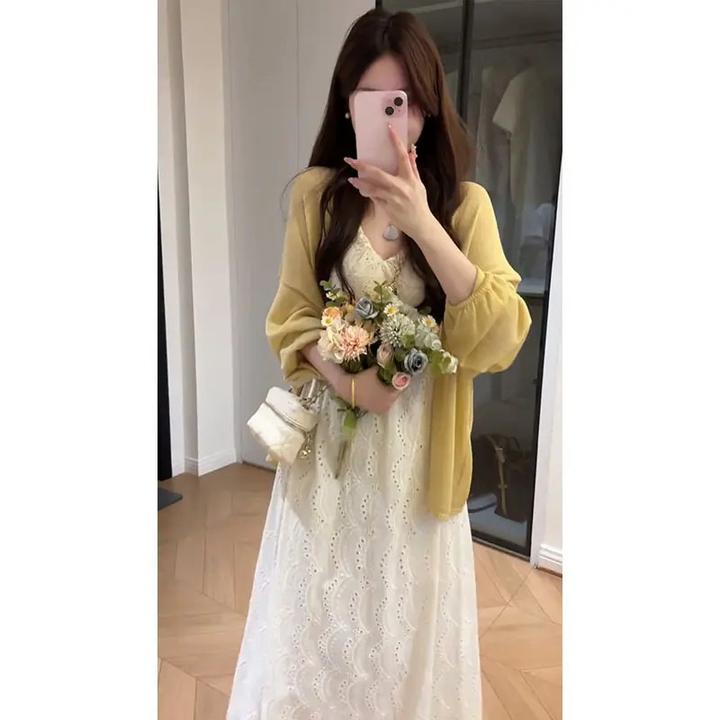 2025夏季新款法式温柔风薄款宽松针织开衫V领镂空收腰吊带连衣裙