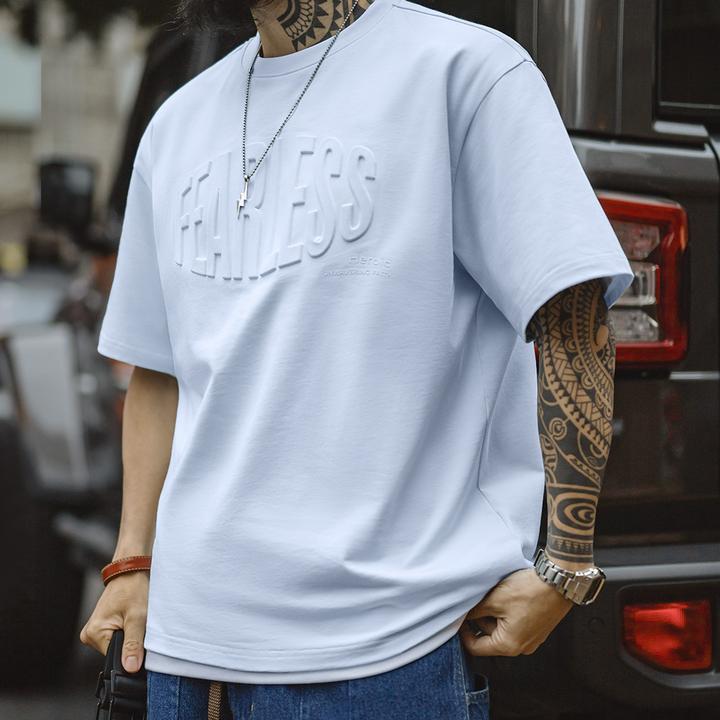 马登工装美式休闲3D印花纯棉钢印T恤淡蓝透气宽松高街短袖男春夏