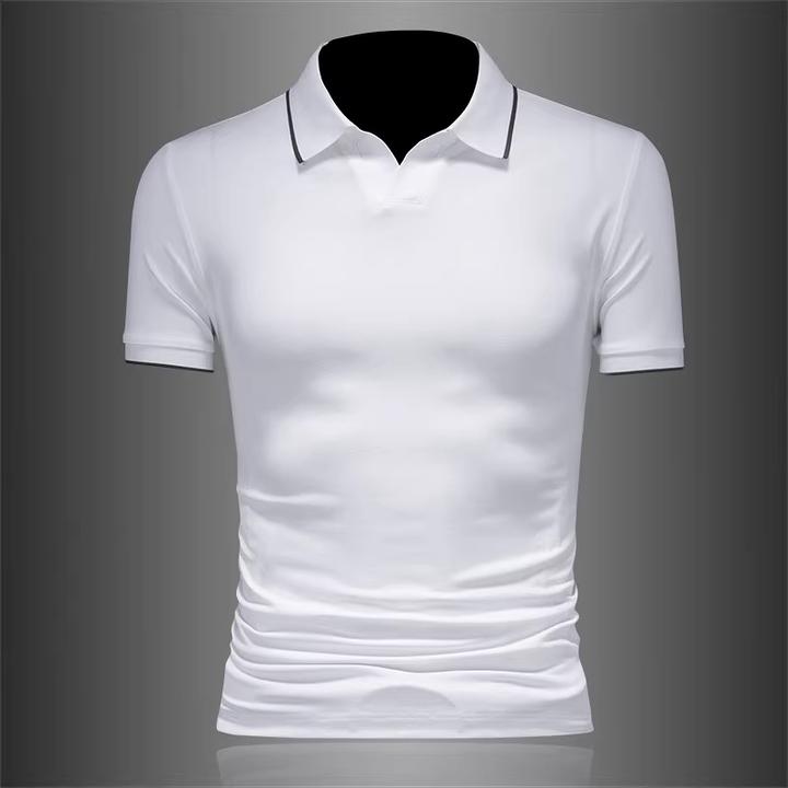 新款轻奢高级翻领短袖Polo衫男潮流条纹拼色半袖T恤帅气修身衬衫