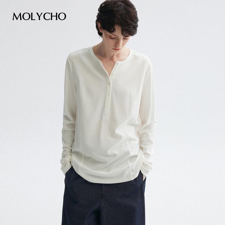 MOLYCHO｜松弛亨利领_廓形宽松休闲长袖T恤女_简约百搭打底衫上衣