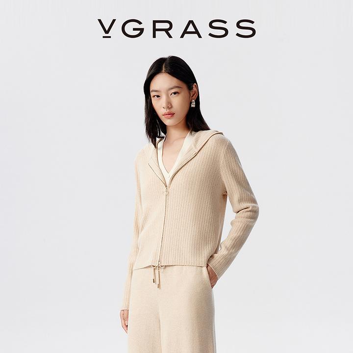 【WISH系列】VGRASS25秋冬金豆羊毛混纺针织开衫连帽拉链衫女