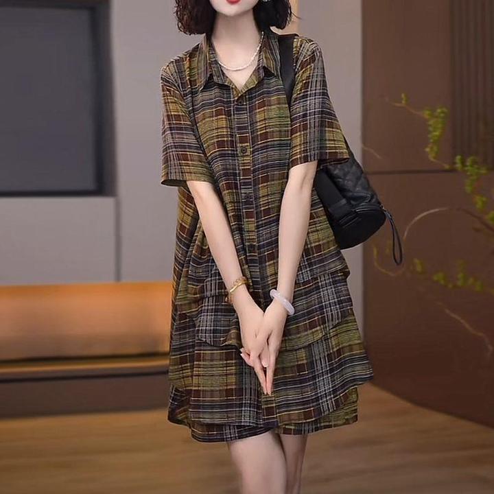 2025夏季新款女士时尚大码格子衬衫套装松弛感休闲短袖短裤两件套