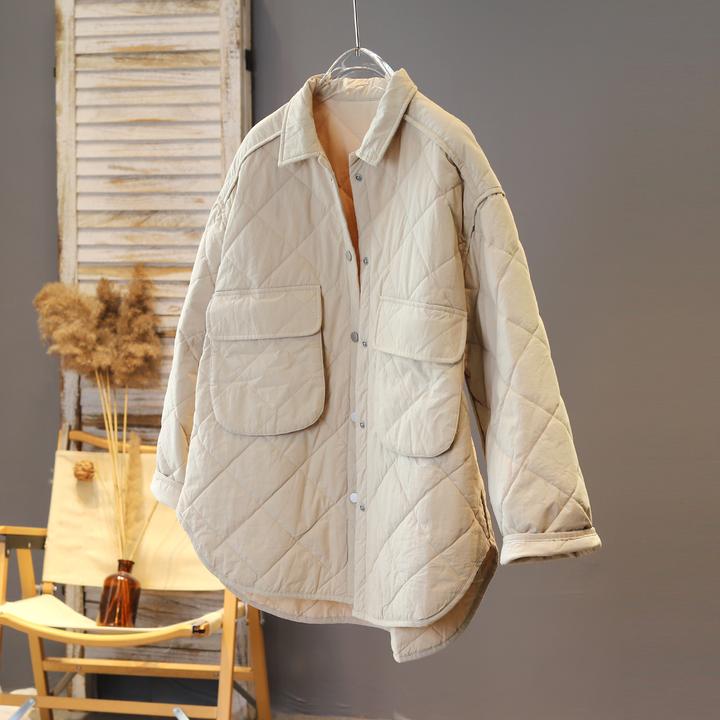 2025年新款冬季宽松休闲纯色压格韩版棉衣麻味文艺前短后长棉服女