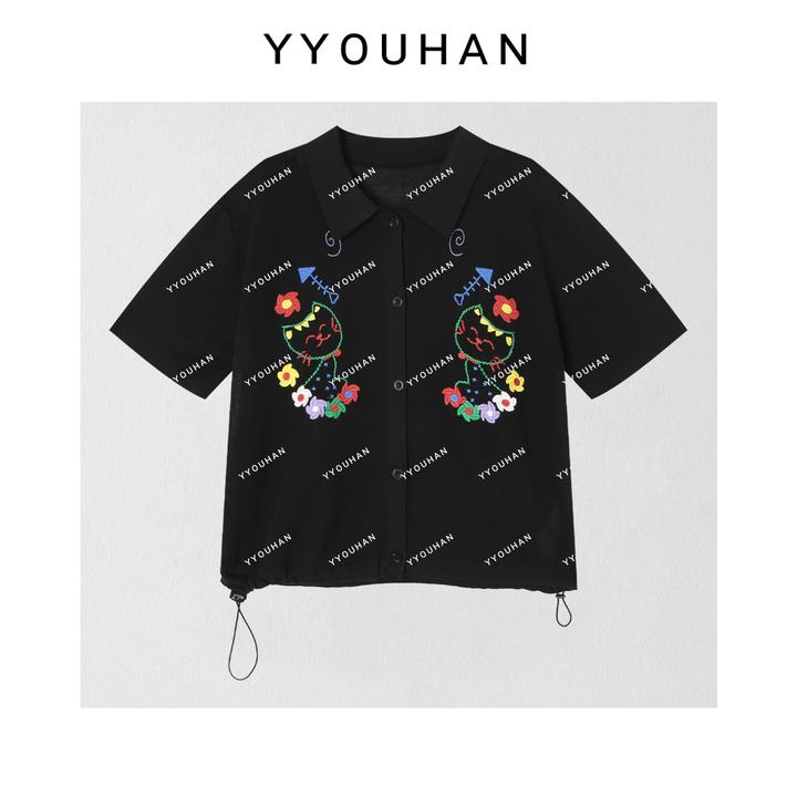 YYOUHAN 2025新款【奇思妙想】彩线刺绣小猫冰丝短袖t恤 2507C3814