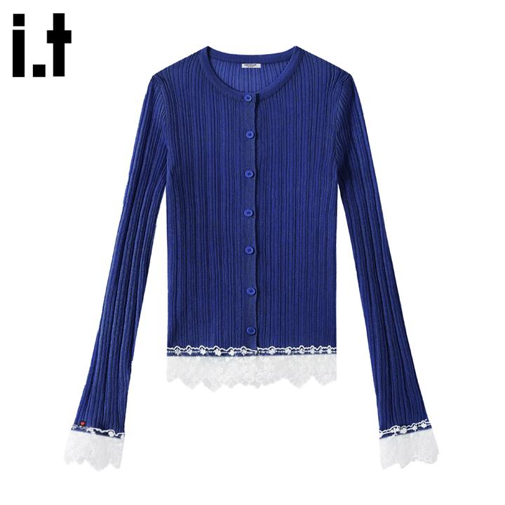 i.t:CHOCOOLATE蕾丝花边长袖针织外套女秋冬新款显瘦复古气质上衣