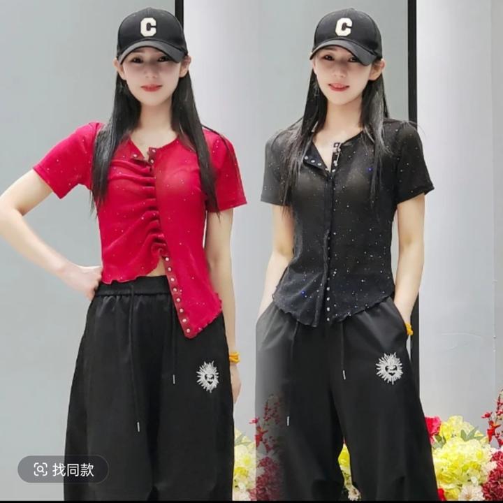 6839#亮片网纱百搭短袖T恤