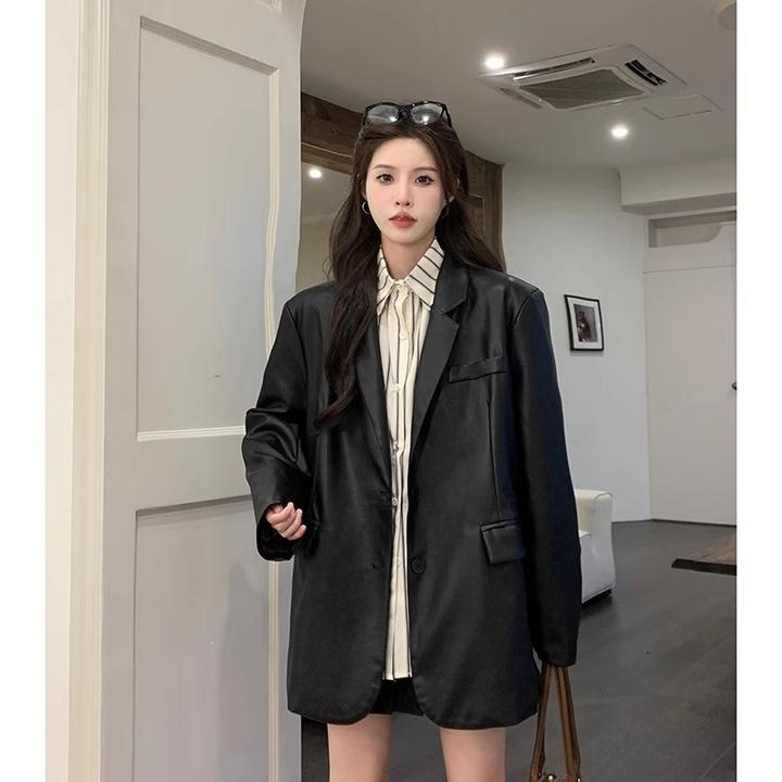 2025新款秋冬气质高级感炸黑色复古休闲皮衣外套女西装百搭9972